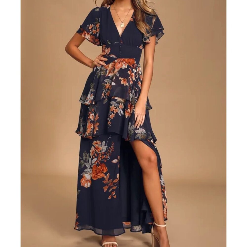 Lulu's Navy Floral Tiered Maxi Dress V Neck Ruched Flutter Sleeves M